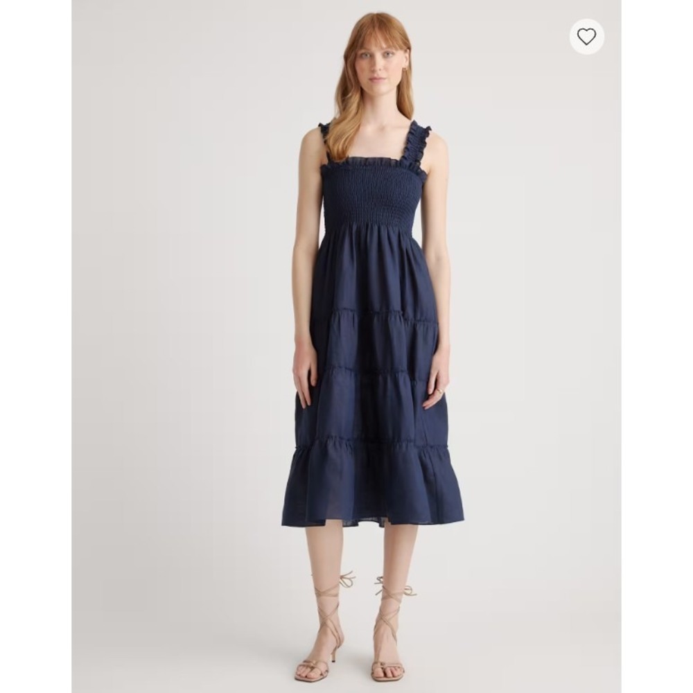 Quince 100% European Linen Smocked Midi Dress Navy Blue Tiered Ruffle XL